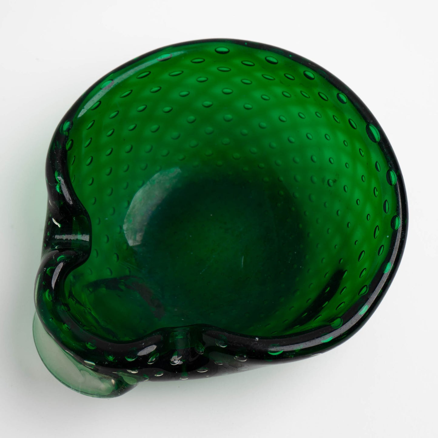 Vintage emerald green Murano glass bullicante catchall dish with controlled bubble pattern