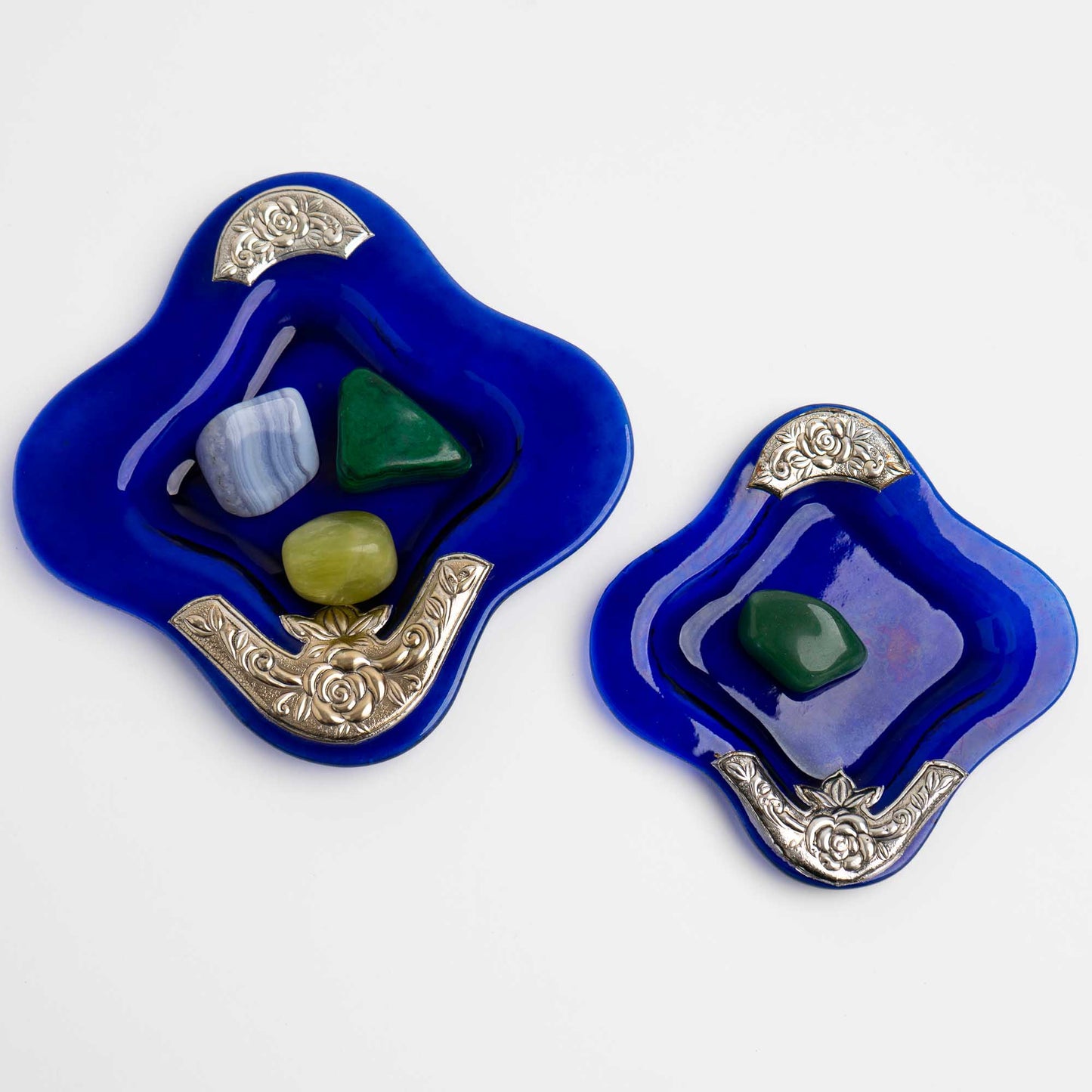 Set of two vintage cobalt blue square glass jewelry holders catchalls with silver-plated floral rose overlay design