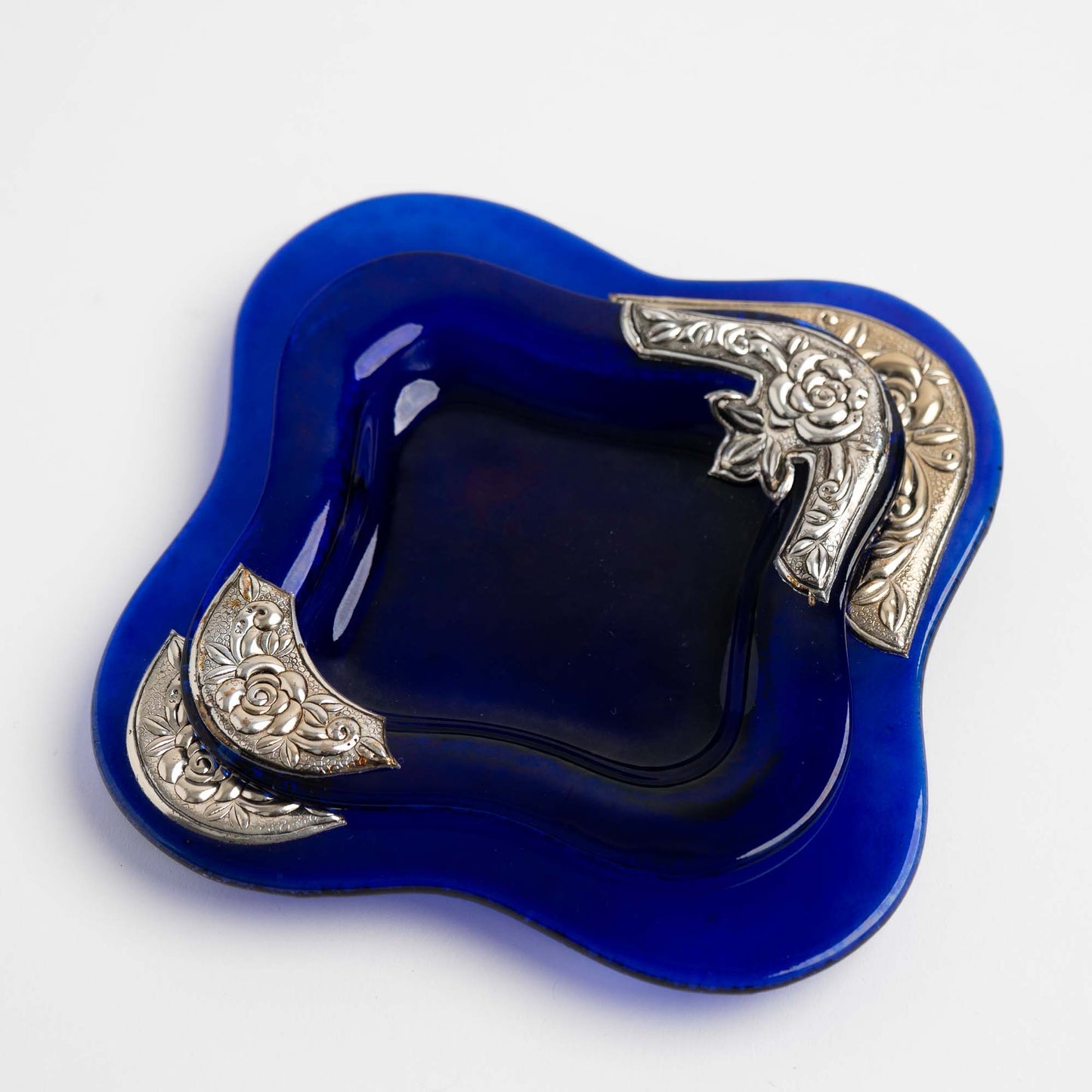 Set of two vintage cobalt blue square glass catchalls with silver-plated floral rose overlay design