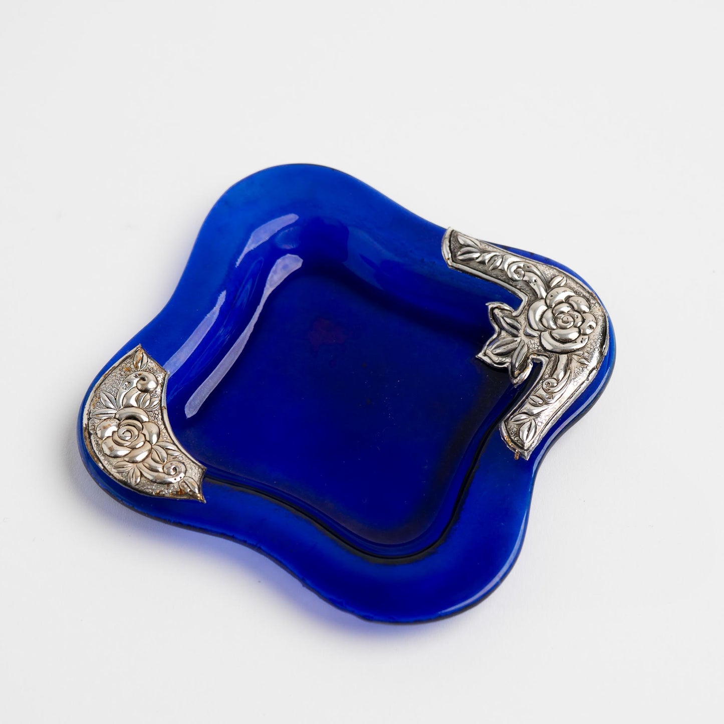 vintage cobalt blue square glass catchalls with silver-plated floral rose overlay design