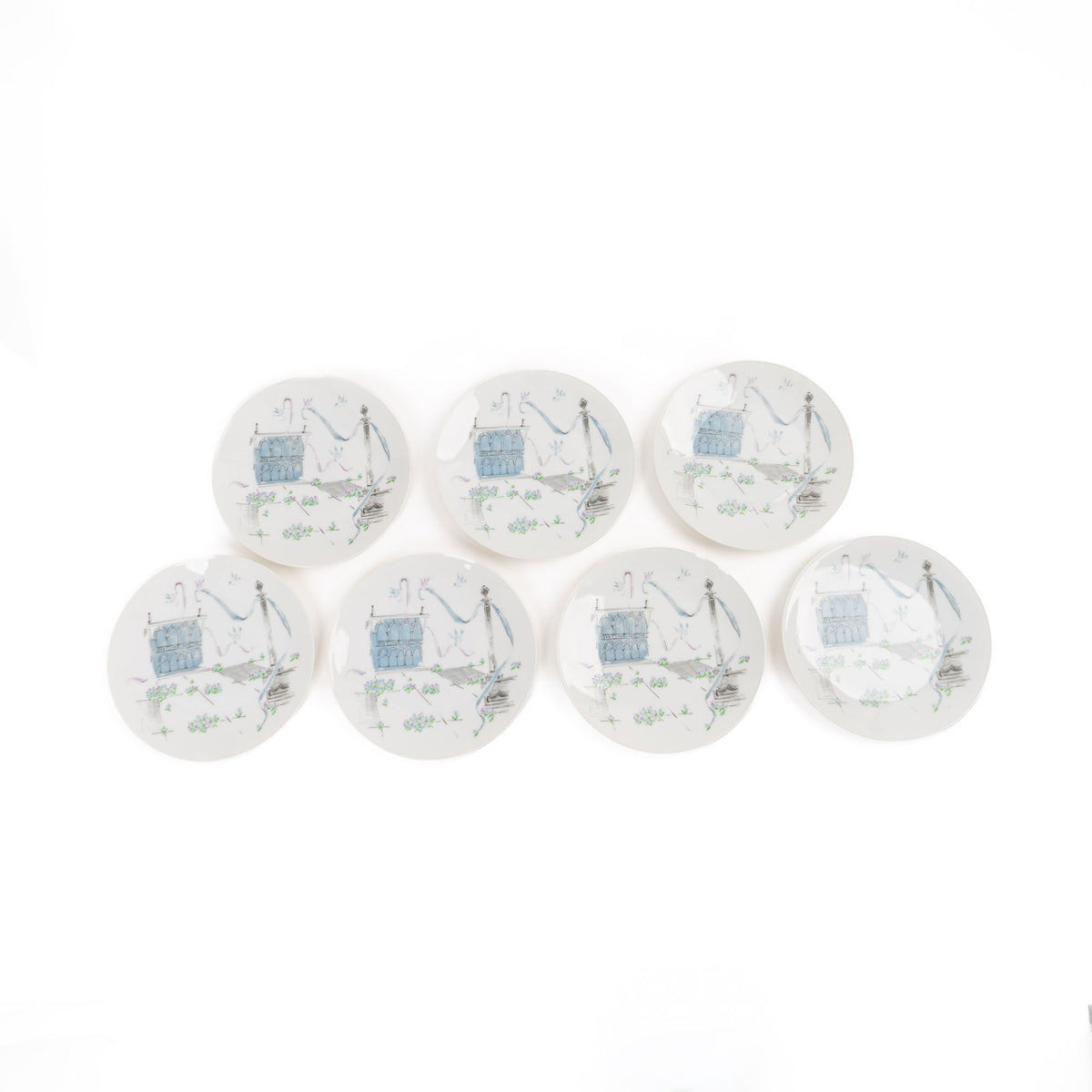 Seven vintage Rosenthal Plaza salad plates with blue and purple mid-century architectural design