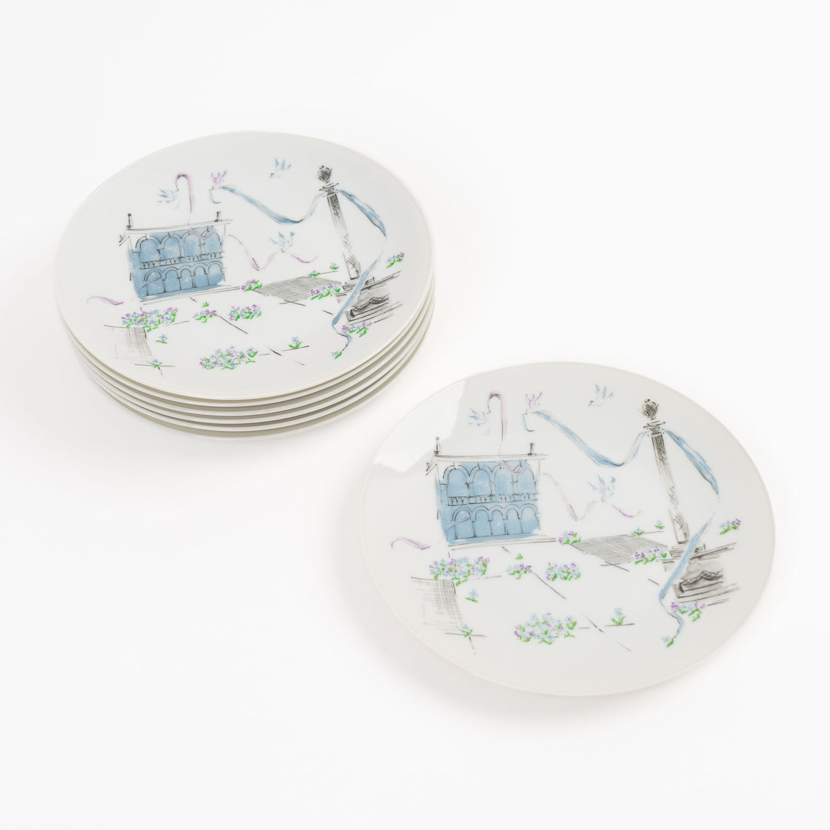 Vintage Rosenthal Plaza salad plates with blue and purple mid-century architectural design - set of 7 
