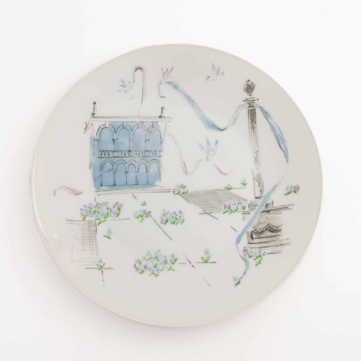 Rosenthal Plaza salad plate by Raymond Loewy showing a blue building facade, pillar and flying doves