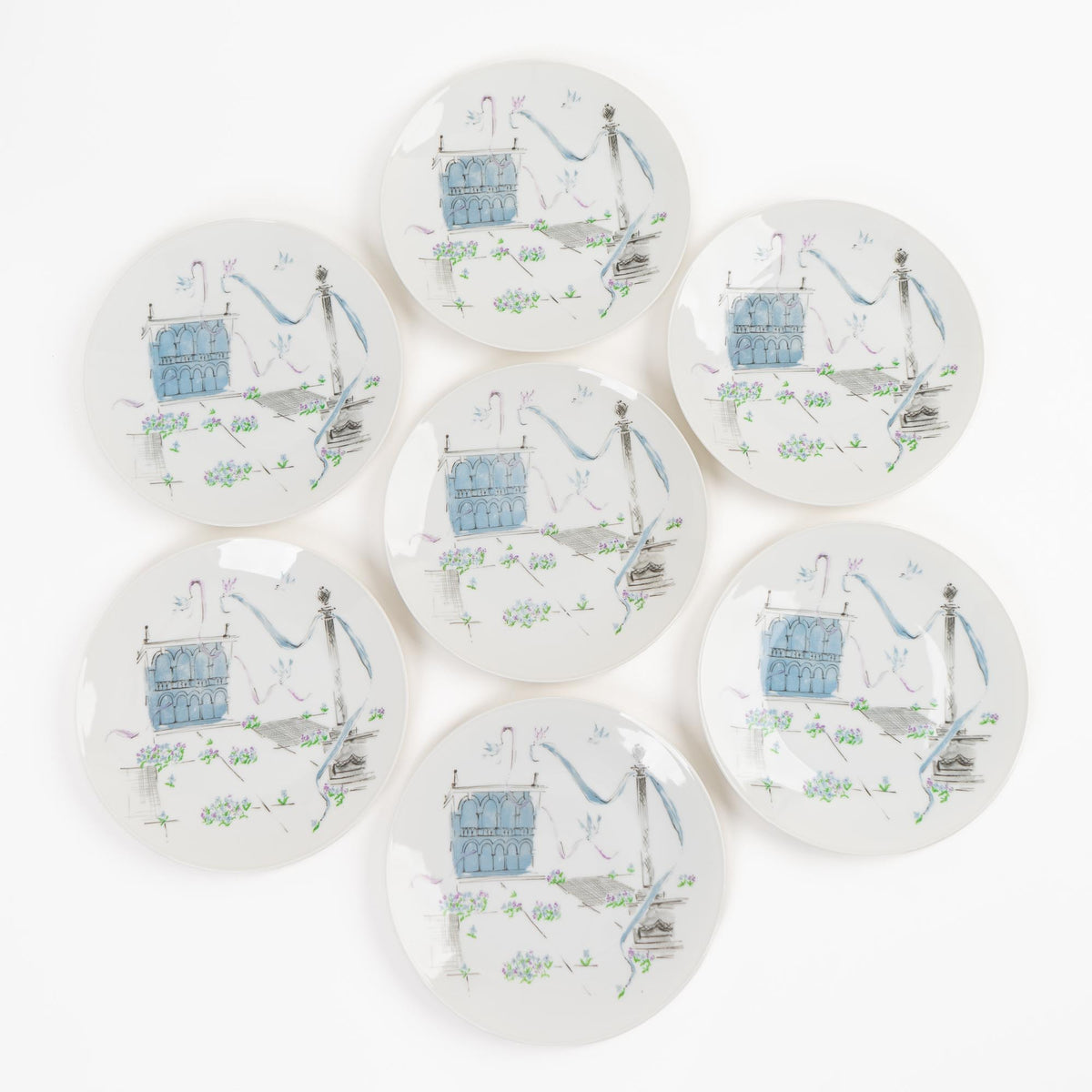 seven vintage Rosenthal Plaza salad plates with blue and purple mid-century architectural design