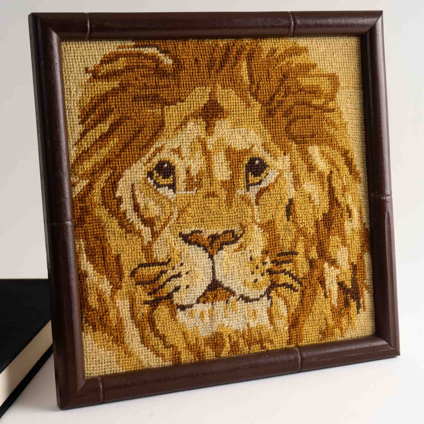 Vintage Needlepoint Lion Wall Art in Faux Bamboo Frame