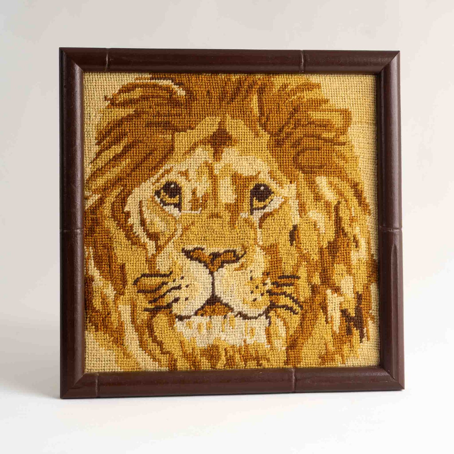 Vintage Needlepoint Lion Wall Art in Faux Bamboo Frame