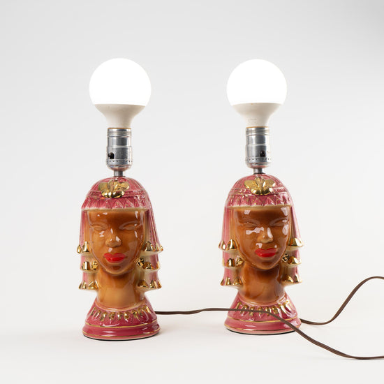 Vintage Pink and Gold Ceramic Goddess Lamp Bases - A Pair