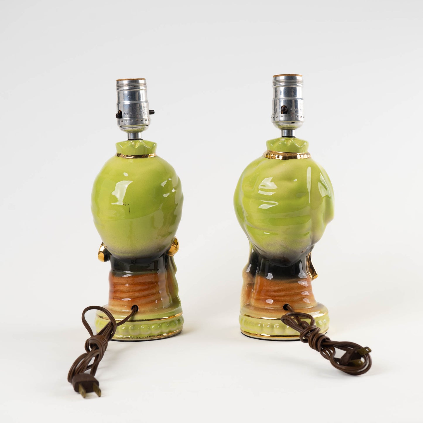 Vintage Chalkware Green and Gold Goddess Lamp Bases - A Pair 