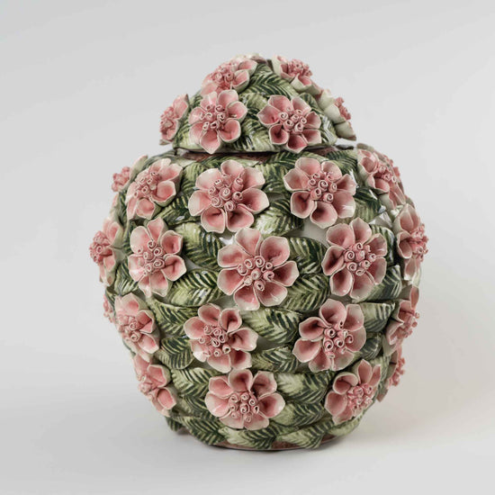 Vintage Handcrafted Ceramic Floral Ginger Jar - Pink Roses
