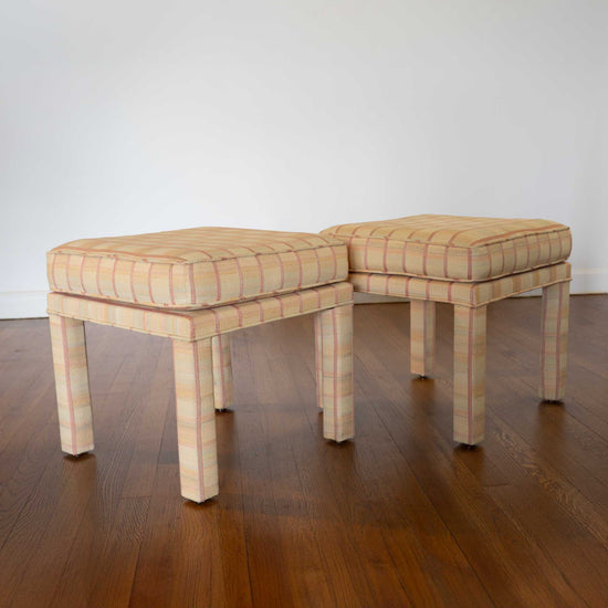 Vintage Mid-Century Parsons Stools - Blush Plaid Upholstery