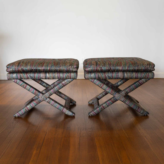 Vintage X Base Benches - Pair of Upholstered Ottomans