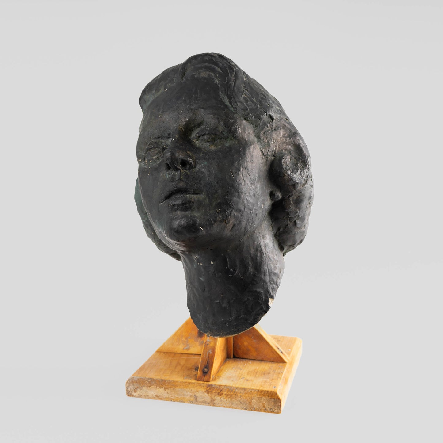 Figurative Plaster Woman's Face Sculpture on Rustic Wood Stand