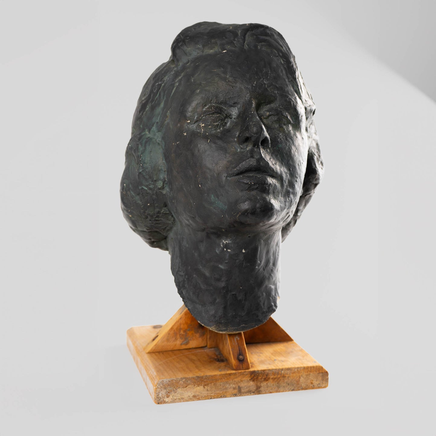 Figurative Plaster Woman's Face Sculpture on Rustic Wood Stand