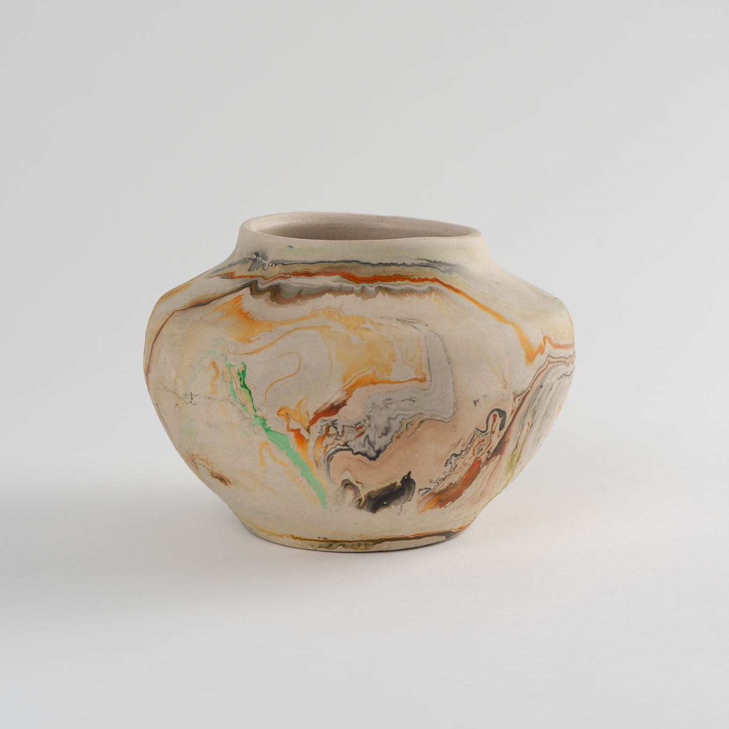 Vintage Nemadji Bisque Pottery Vase, Orange/Tan/Green Swirls