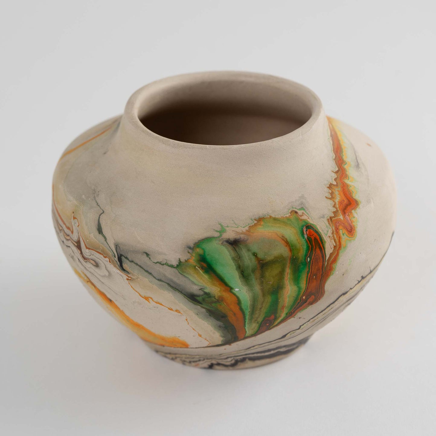 Vintage Nemadji Bisque Pottery Vase, Orange/Tan/Green Swirls