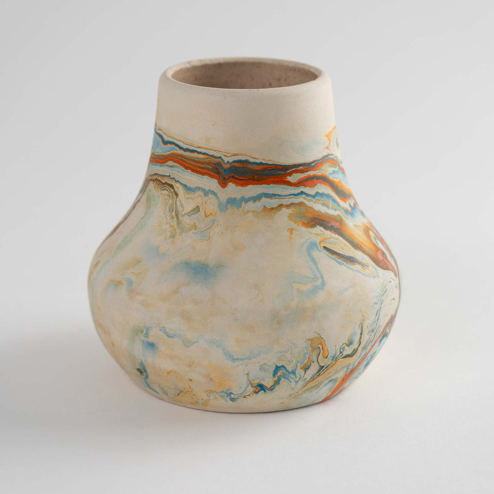 Vintage Bisque Nemadji Pottery Vase, Orange Blue Tan Swirls