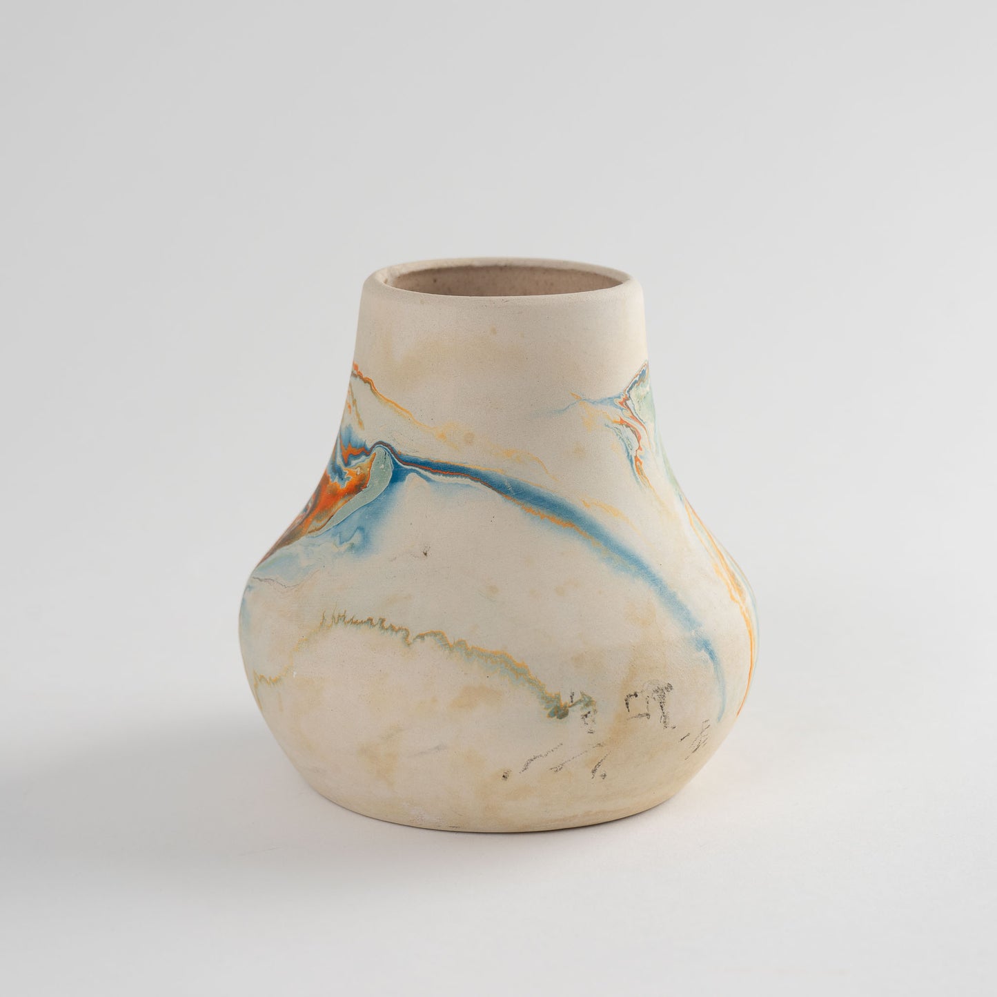 Vintage Bisque Nemadji Pottery Vase, Orange Blue Tan Swirls
