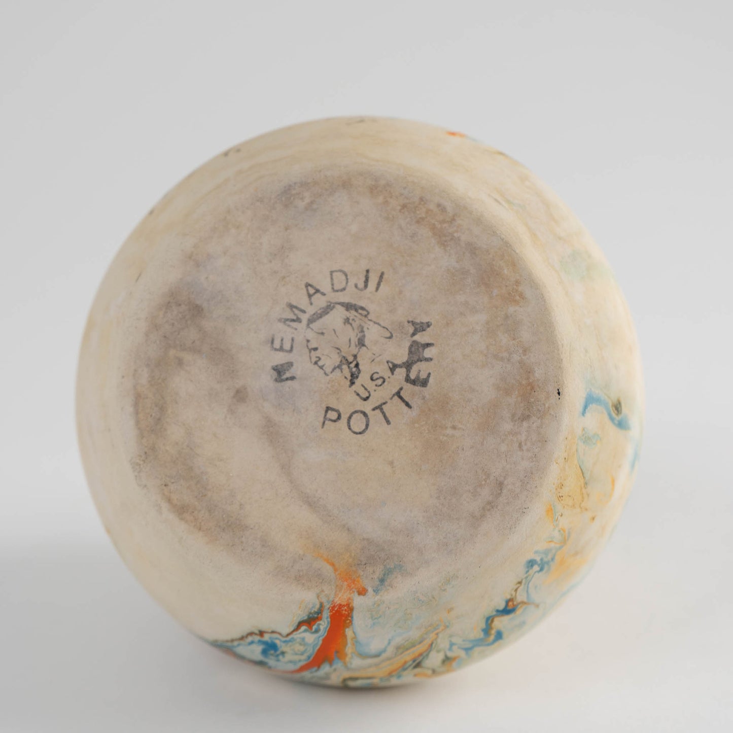 Vintage Bisque Nemadji Pottery Vase, Orange Blue Tan Swirls