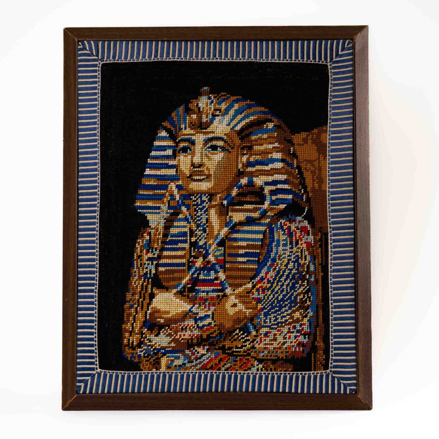 Vintage Egyptian Revival Needlepoint Tapestry, King Tutankhamun Bust  sarcophagus Pharaoh