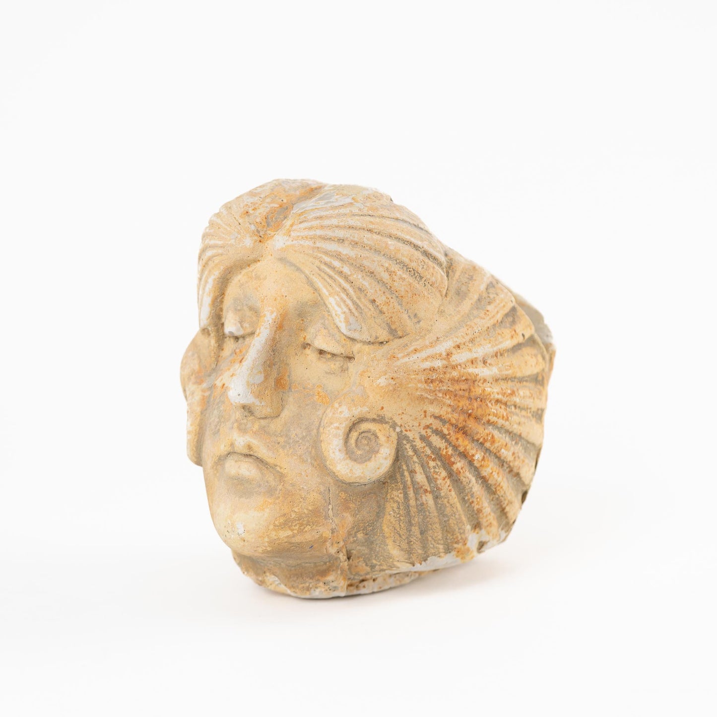 Vintage Goddess Face Sandstone Planter with Seashells