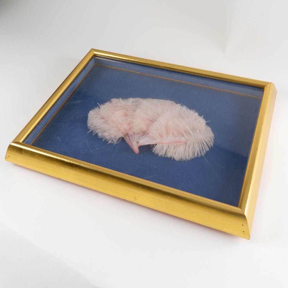 
                      
                        Antique 1920s Pink Ostrich Feather Fan, Gold Framed with Pearlescent handle
                      
                    