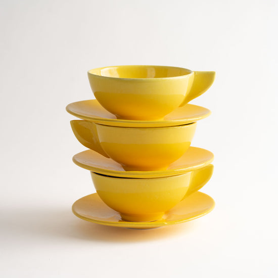 Vintage Mid-Century Modern Yellow Triangle-Handle Coffee Cups and Saucers