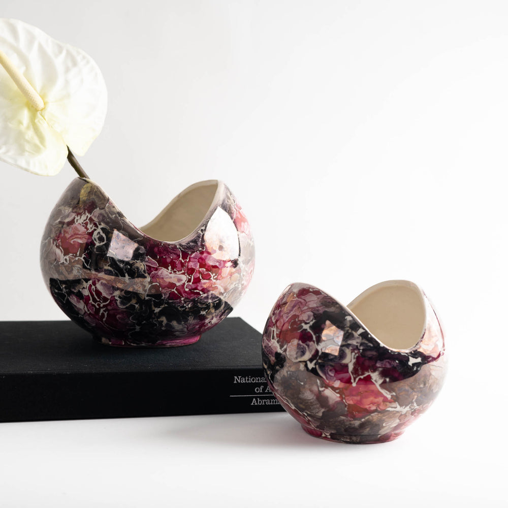 
                  
                    Vintage McCoy Marble Glazed Elliptical Vase Pair -  80s Floral
                  
                