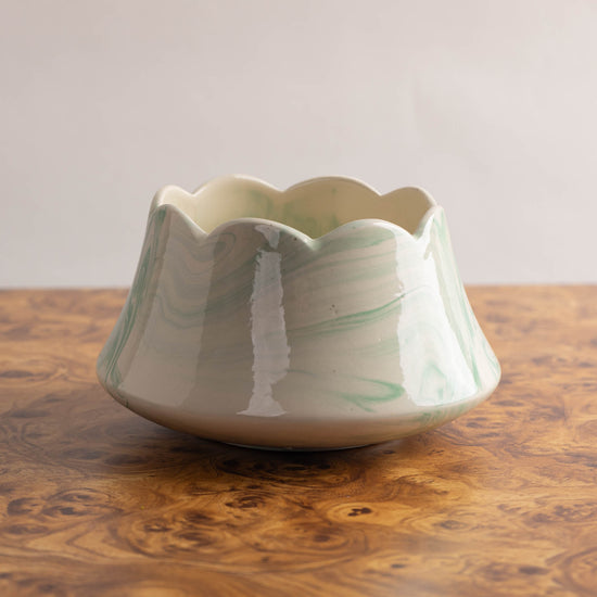 Vintage Scalloped Vase Green and White Marbled
