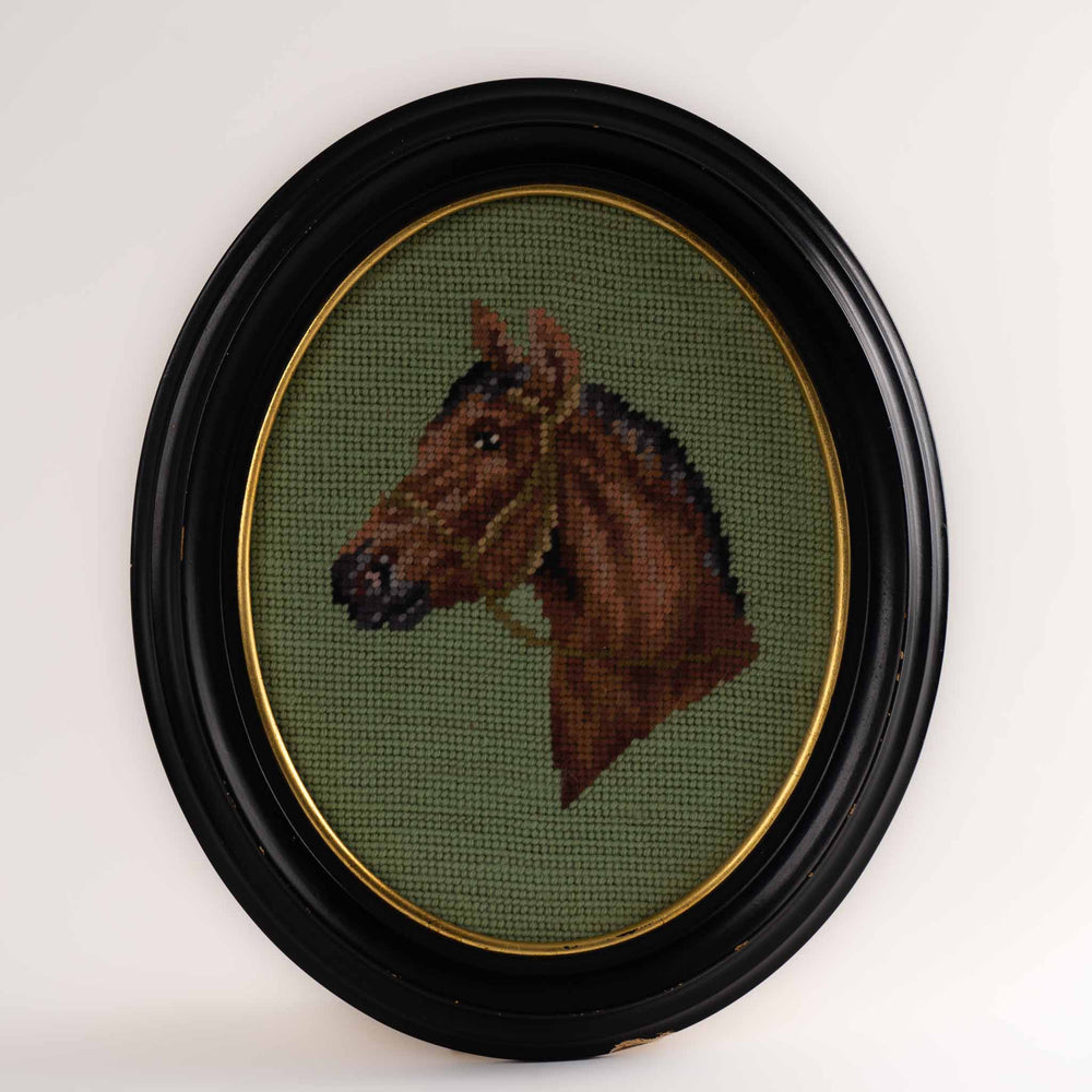 Vintage Framed Oval Needlepoint Horse Portrait