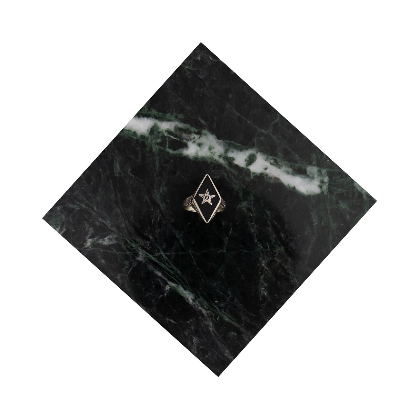 Vintage 14k white gold masonic ring with black onyx stone featuring Eastern Star symbol inlay, showing Art Nouveau decorative details on band sides