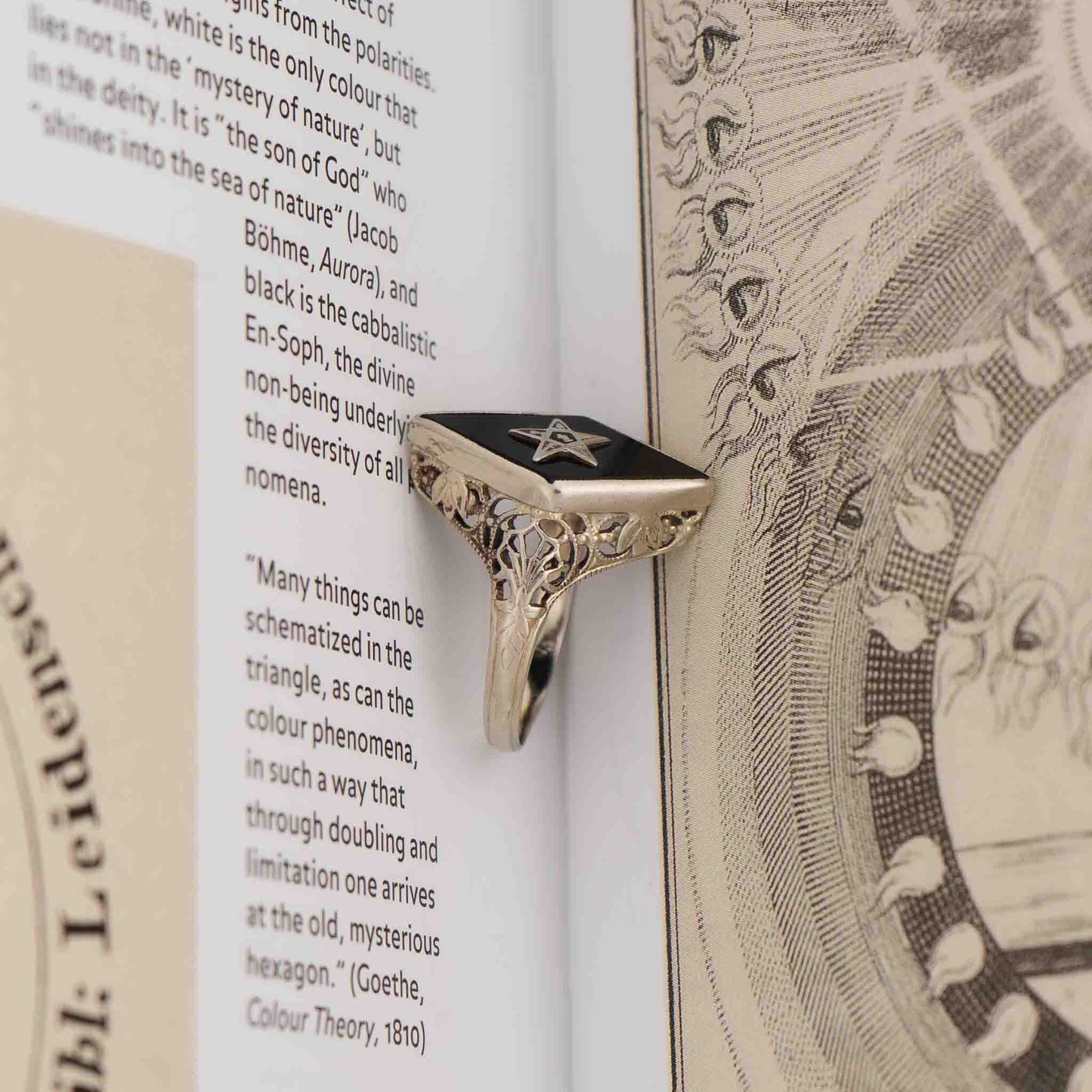 Vintage 14k white gold masonic ring with black onyx stone featuring Eastern Star symbol inlay, showing Art Nouveau decorative details on band sides