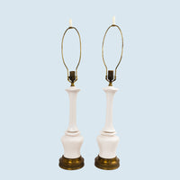 Pair of vintage mid-century off-white ceramic chinoiserie lamp bases with original harps and finials, circa 1950s–1960s.