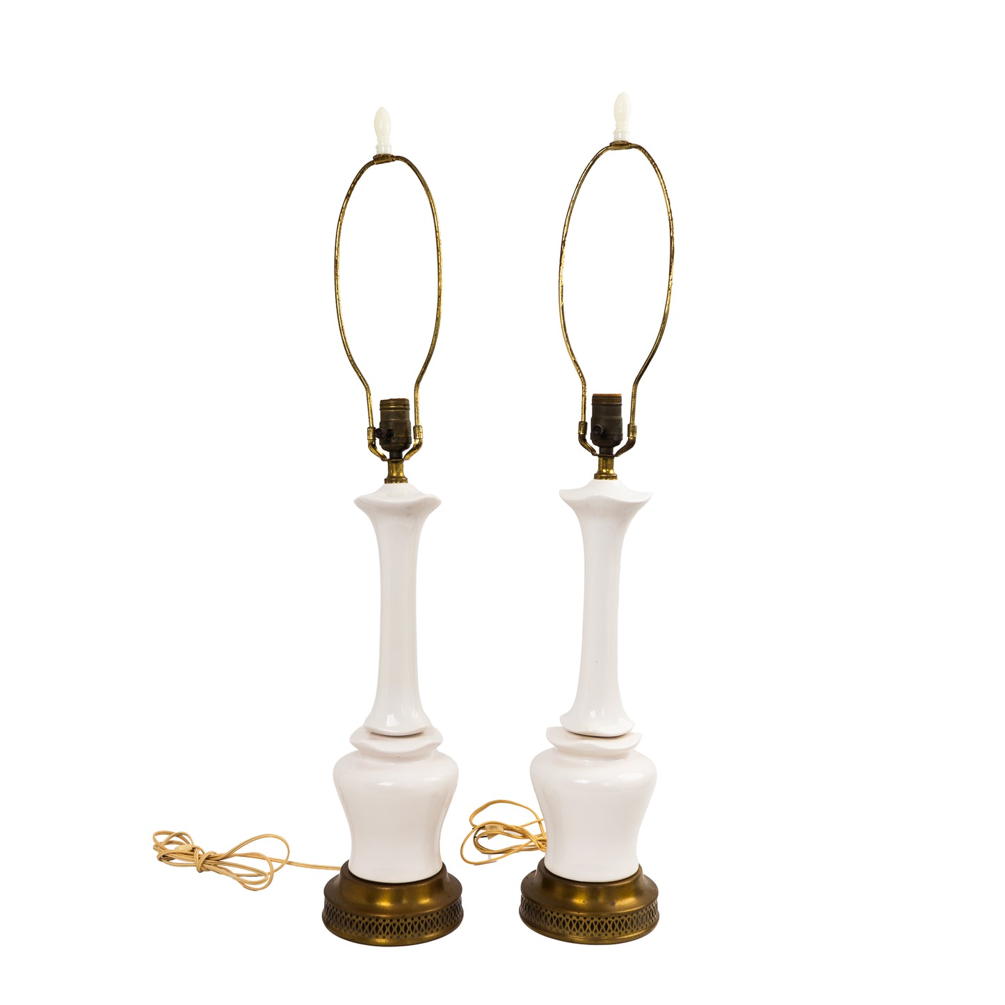 Pair of vintage mid-century off-white ceramic chinoiserie lamp bases with original harps and finials, circa 1950s–1960s.