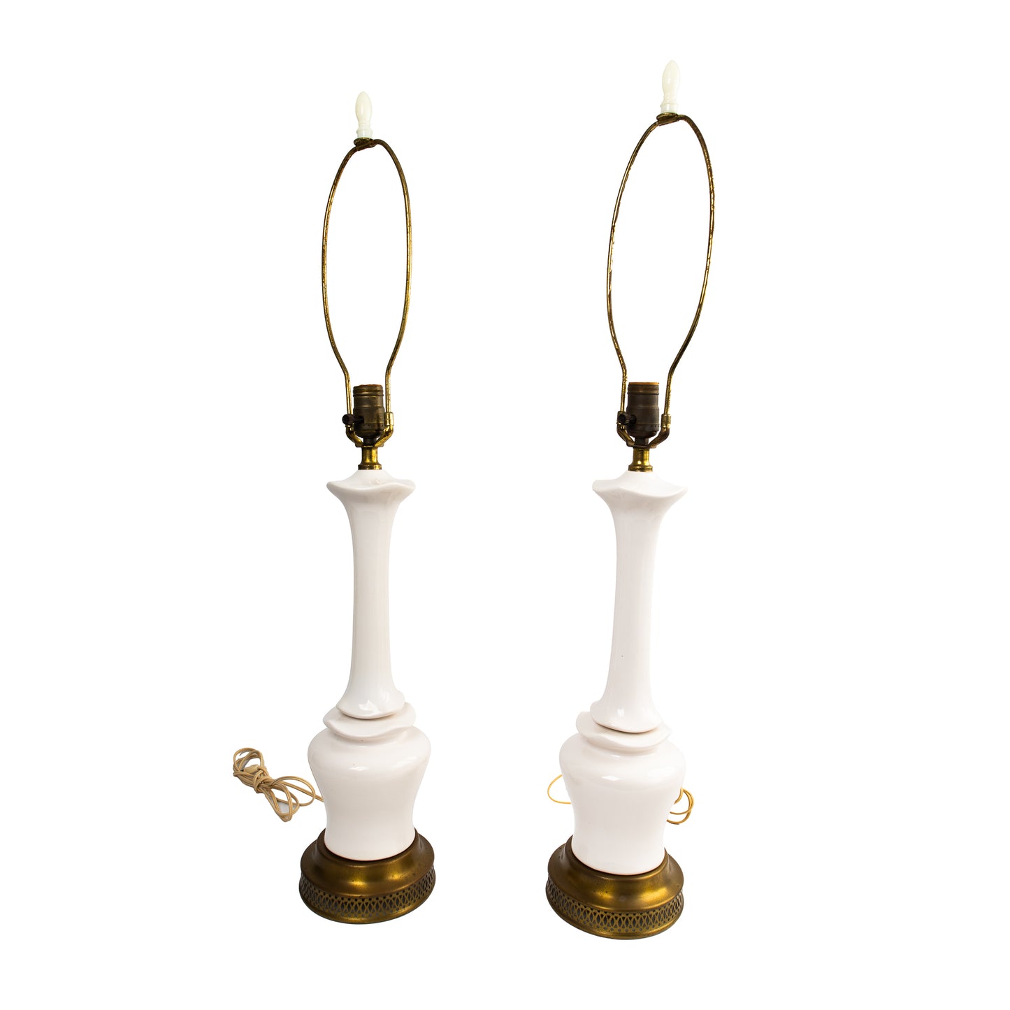 Pair of vintage mid-century off-white ceramic chinoiserie lamp bases with original harps and finials, circa 1950s–1960s.