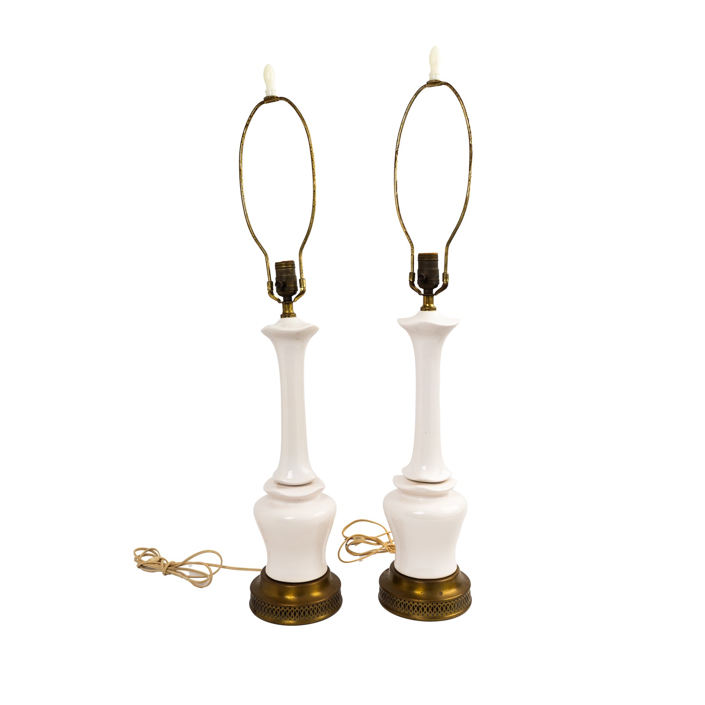 Pair of vintage mid-century off-white ceramic chinoiserie lamp bases with original harps and finials, circa 1950s–1960s.