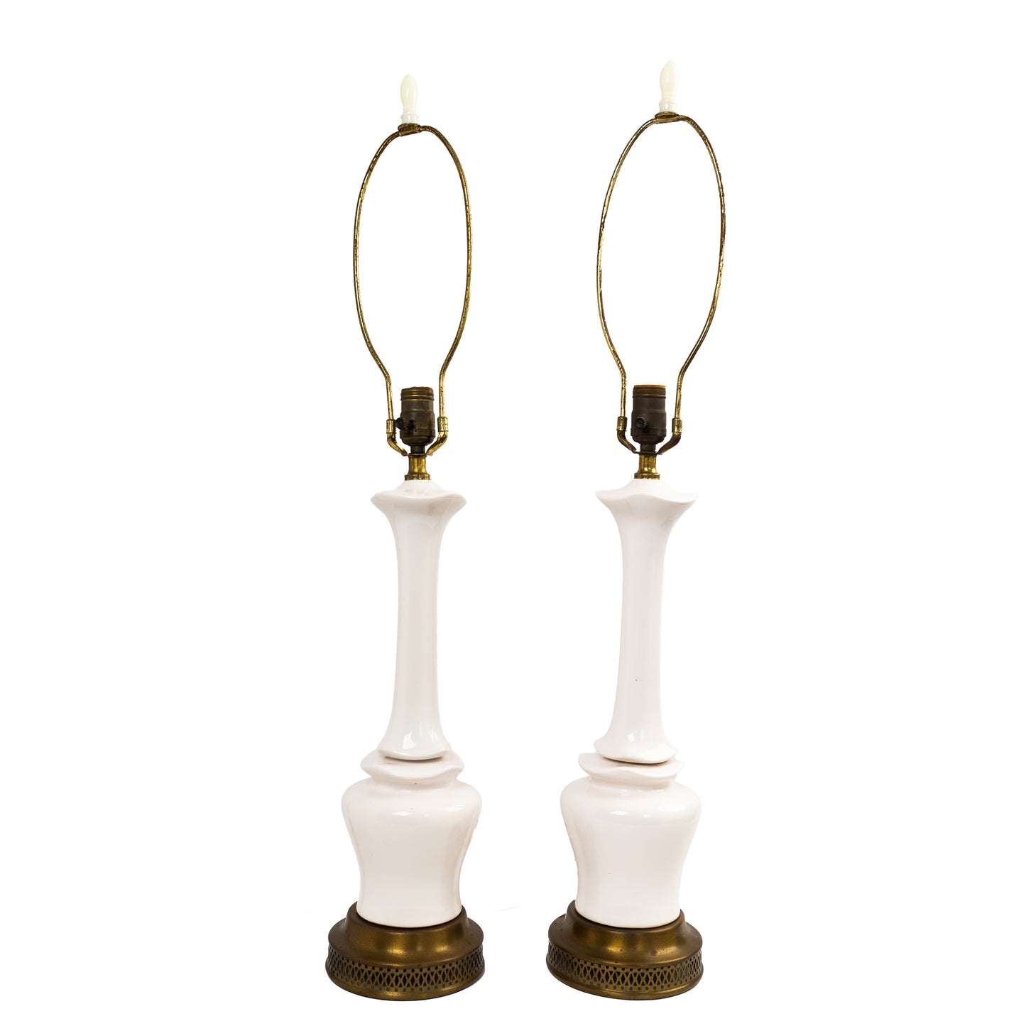 Pair of vintage mid-century off-white ceramic chinoiserie lamp bases with original harps and finials, circa 1950s–1960s.