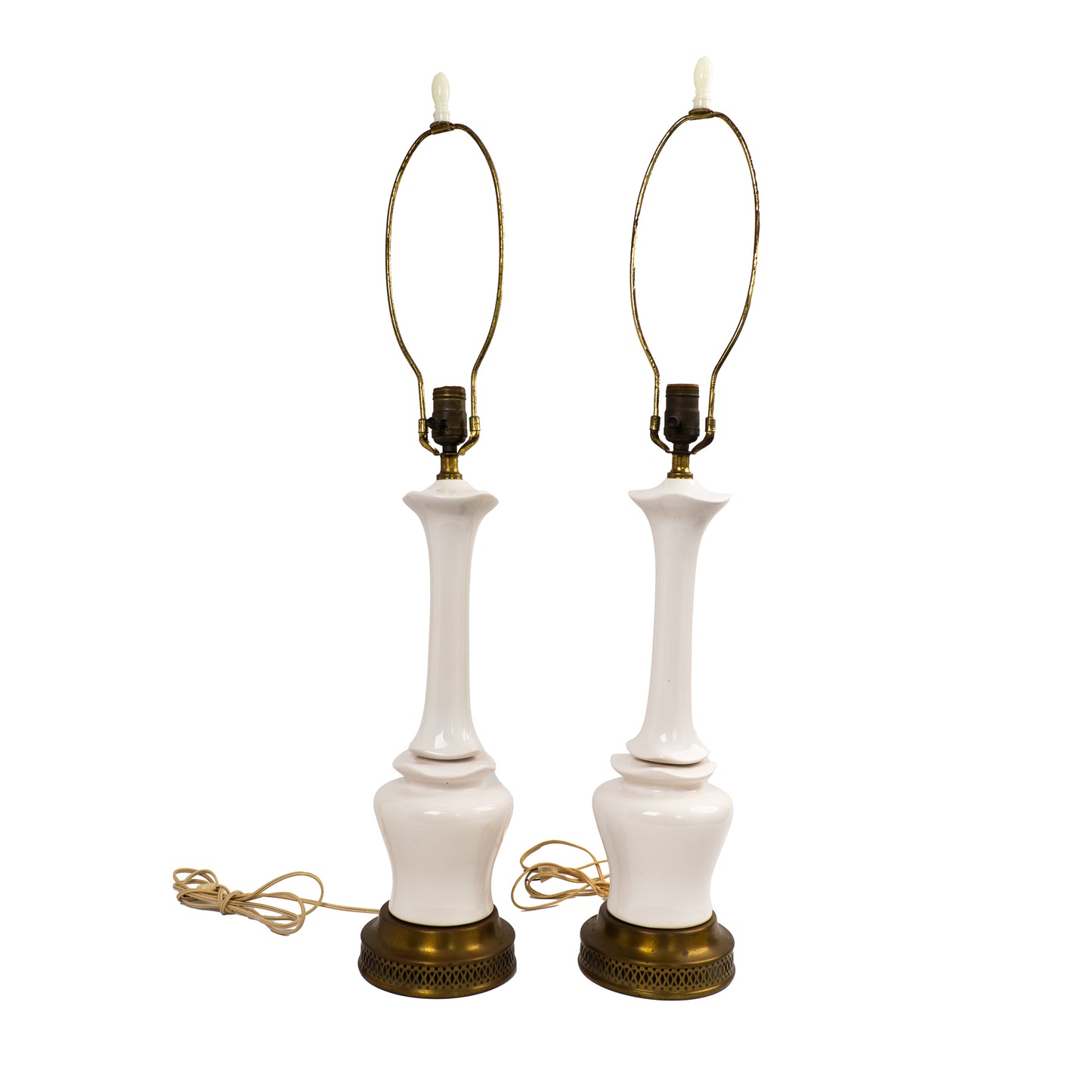 Pair of vintage mid-century off-white ceramic chinoiserie lamp bases with original harps and finials, circa 1950s–1960s.