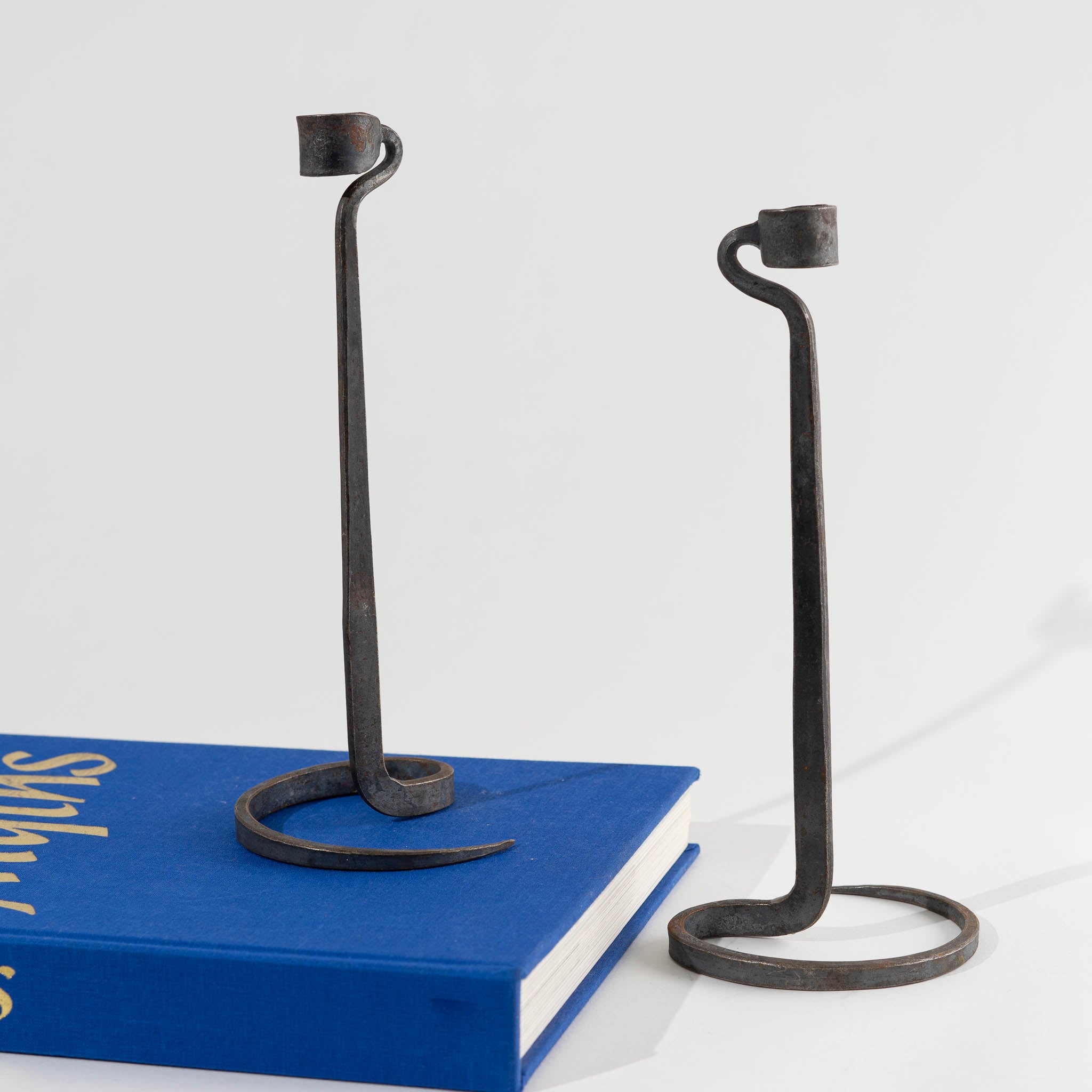 Brutalist Hand Forged Wrought Iron Spiral Candle Stick Holders