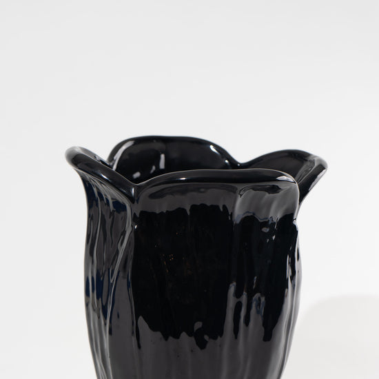 Vintage Ceramic Haeger Flower Vase- Glossy Black Floral