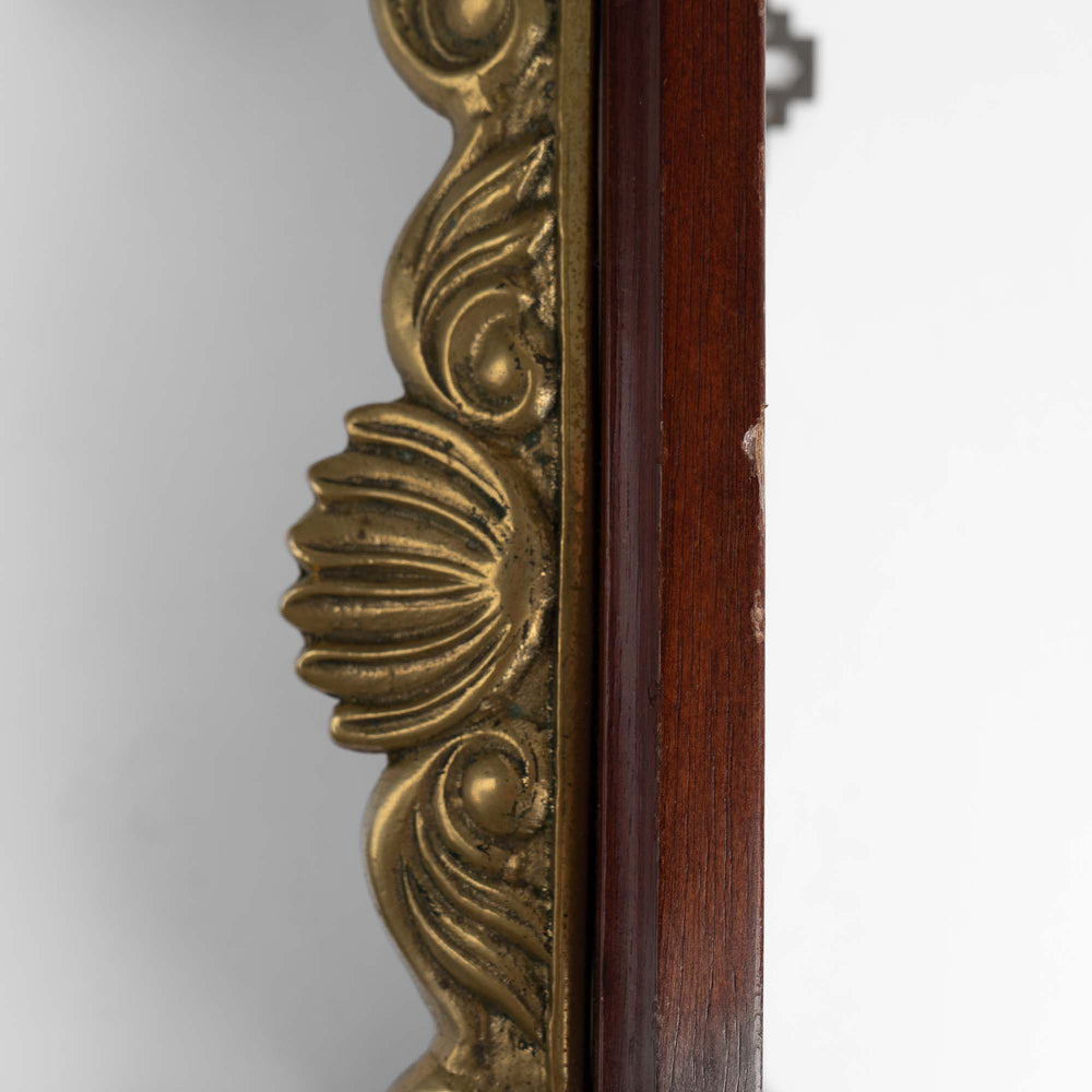 
                  
                    Vintage mid-century modern wall shelf with cherry wood surface, brass supports, and raised edge for displaying art

                  
                