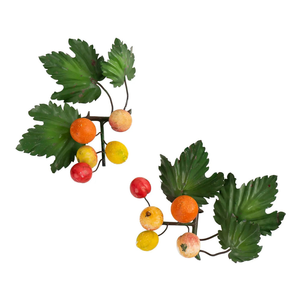 
                  
                    Pair of vintage Italian tole metal wall art with painted citrus fruits and green leaves in orange, yellow, red, and green colors
                  
                