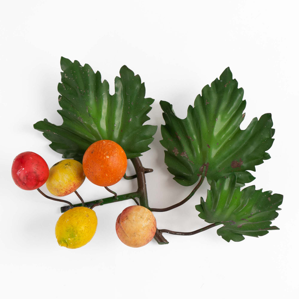 
                  
                    vintage Italian toleware metal wall art with painted citrus fruits and green leaves in orange, yellow, red, and green colors
                  
                