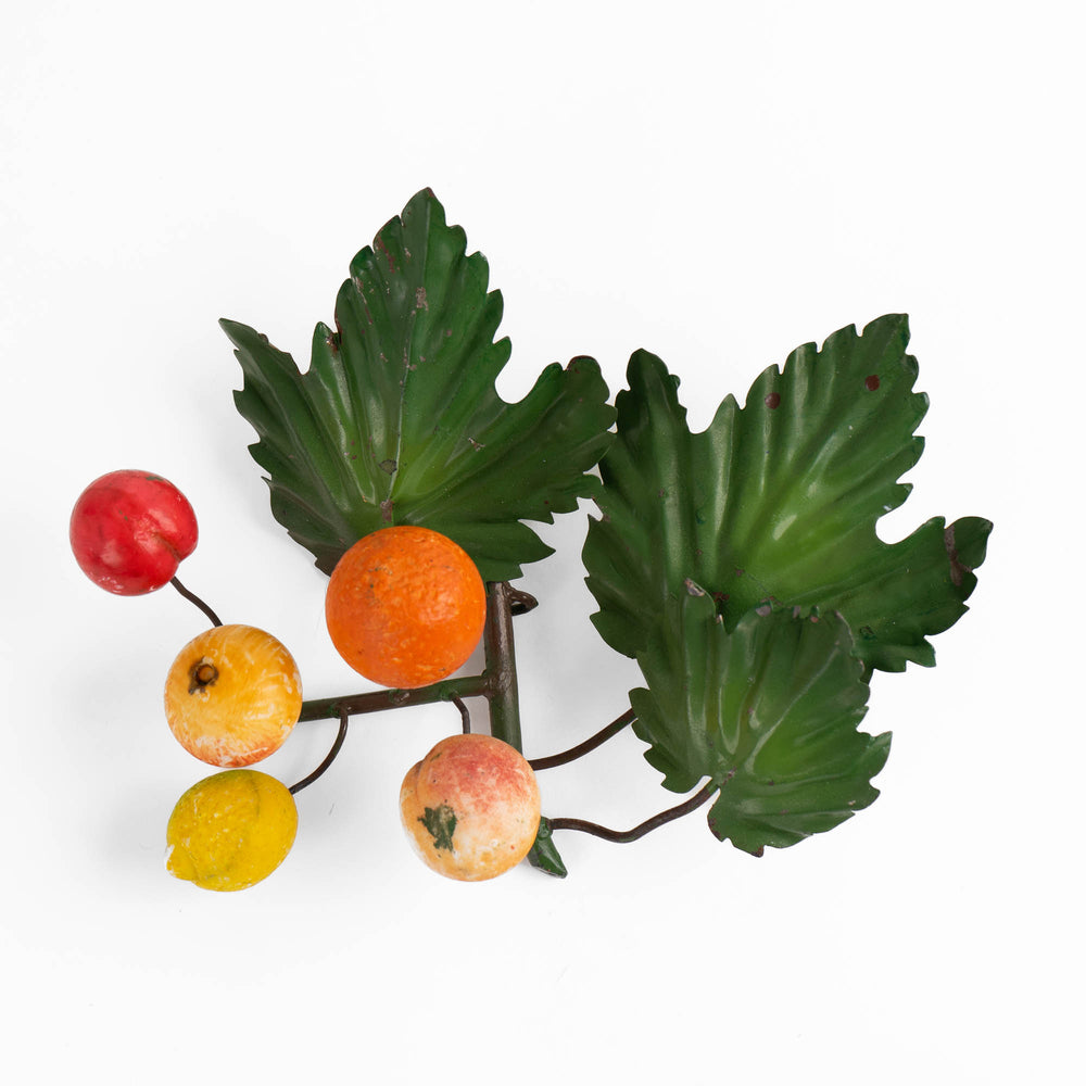
                  
                    vintage Italian toleware metal wall art with painted citrus fruits and green leaves in orange, yellow, red, and green colors
                  
                
