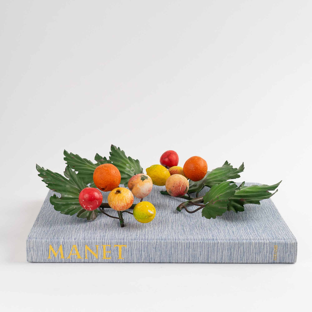 
                  
                    Pair of vintage Italian toleware metal wall art with painted citrus fruits and green leaves in orange, yellow, red, and green colors
                  
                