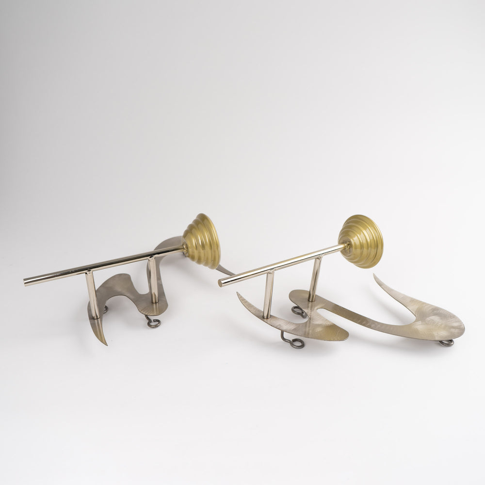 
                  
                    Vintage pair of signed Curtis Jere metal wall sconce candle holders from 1990
                  
                