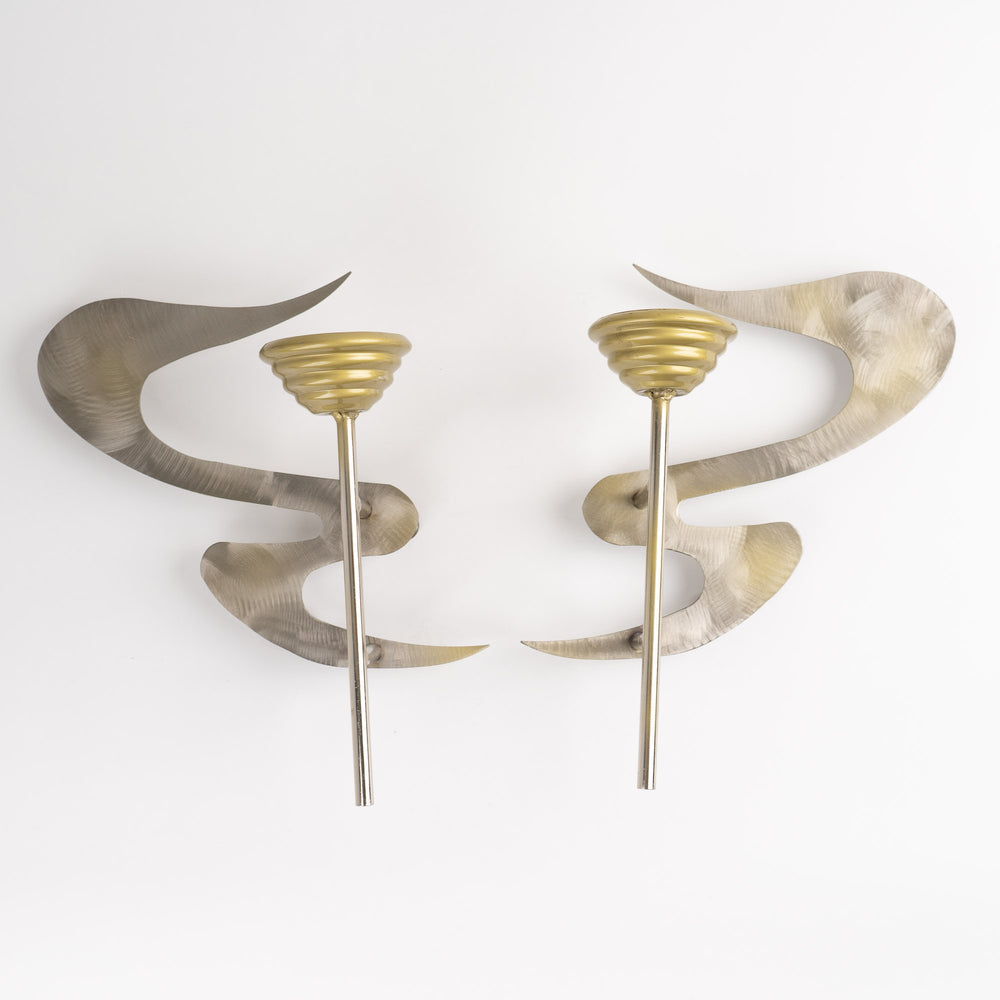 
                  
                    Vintage pair of signed Curtis Jere metal wall sconce candle holders from 1990
                  
                