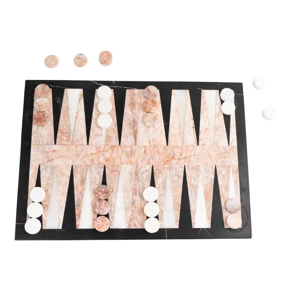 
                  
                    Vintage natural marble backgammon set featuring pink, white and black stone board with matching marble playing pieces
                  
                