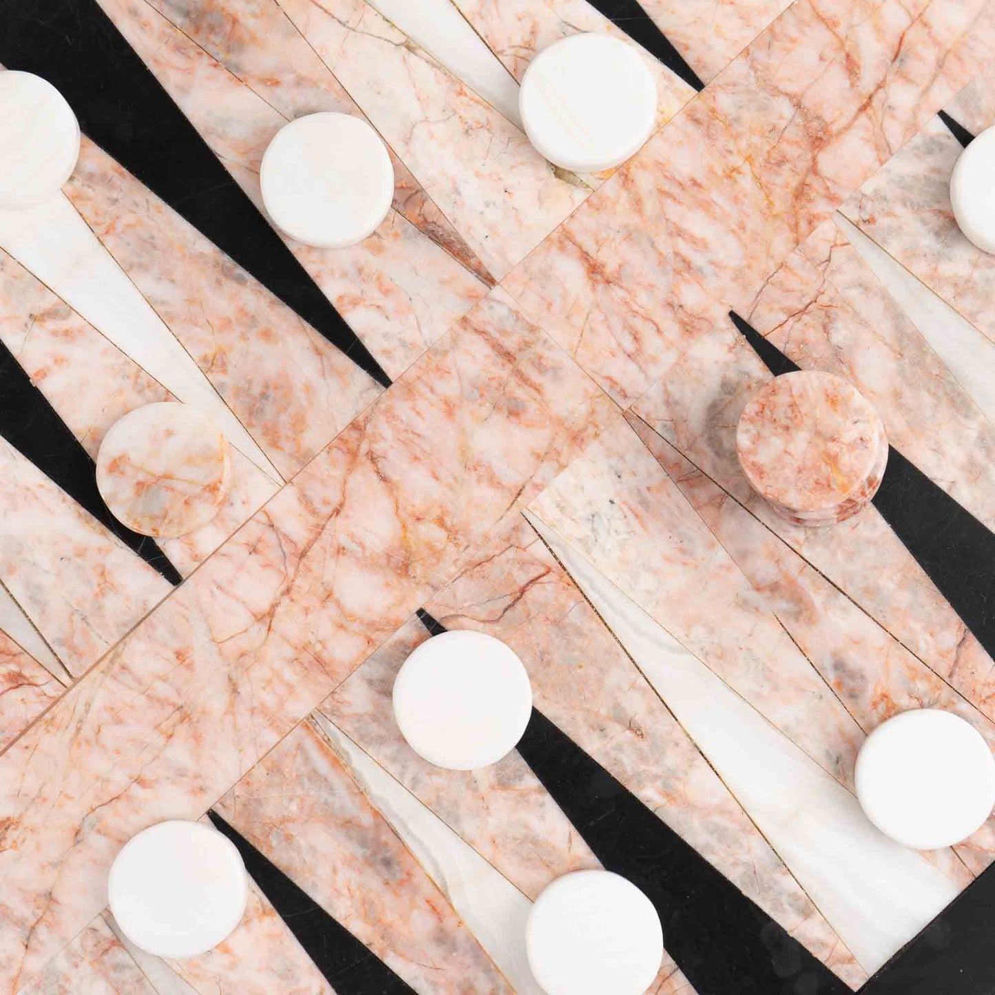 Vintage natural marble backgammon set featuring pink, white and black stone board with matching marble playing pieces