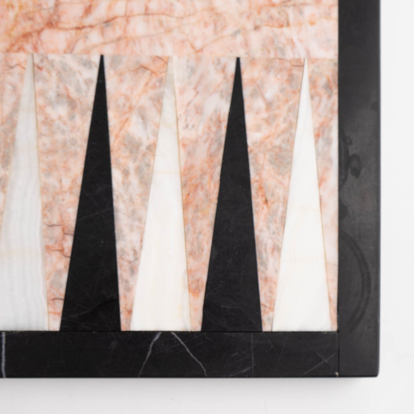 Vintage natural marble backgammon set featuring pink, white and black stone board with matching marble playing pieces