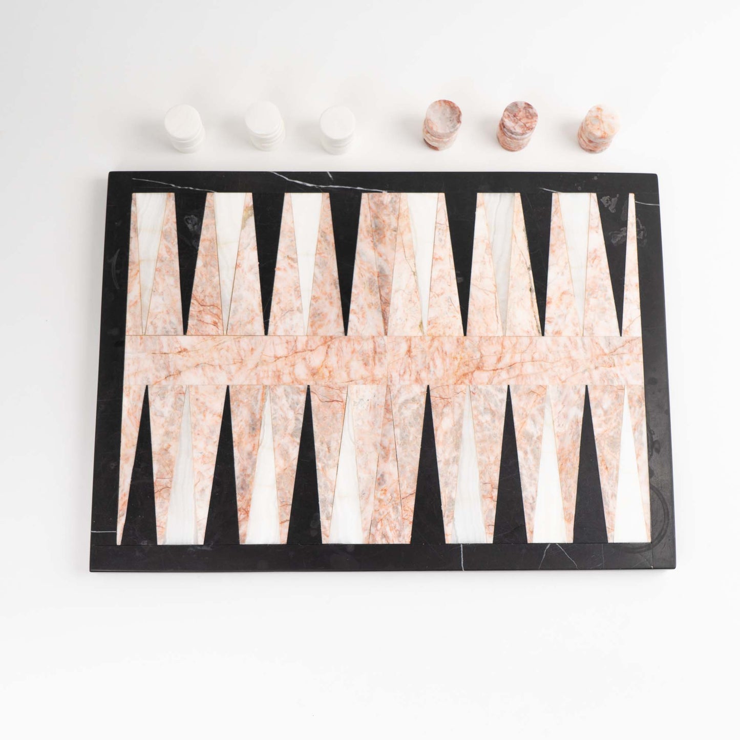 Vintage natural marble backgammon set featuring pink, white and black stone board with matching marble playing pieces